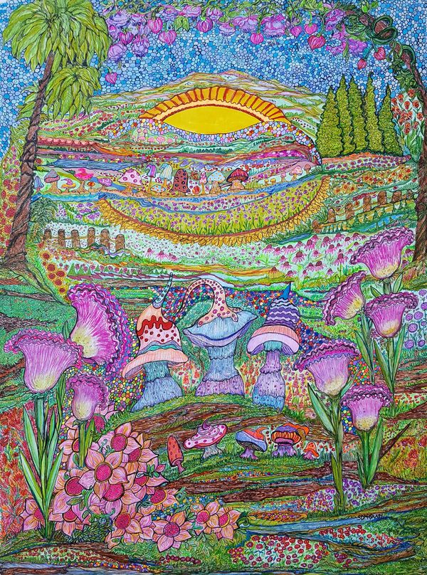 Fantasy landscape and brightly colored. Flowers, mushrooms, trees and leaves