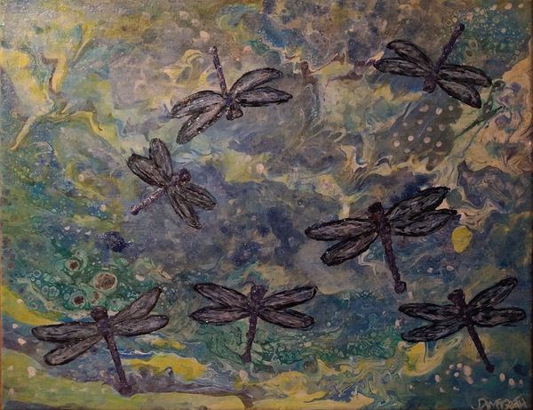 Dragonflies over pond- abstract and mixed media (sparkle)