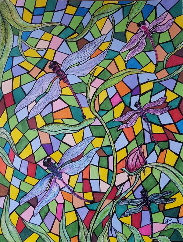 Original drawing, mosaic, stain glass style, floral. Ink, watercolor pencils, sparkle paint. 9x12"