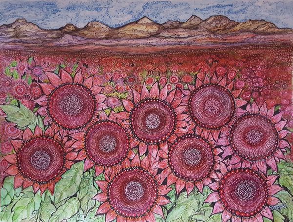 Original drawing of Red Sunflowers in a field, mountains background. Ink/watercolor pencils