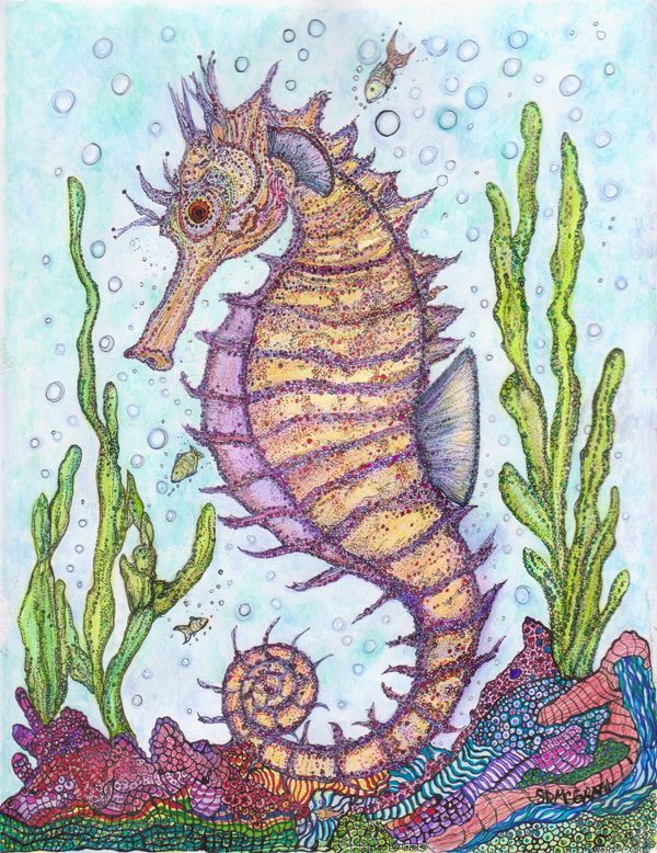 Seahorse surrounded by small fish and coral.