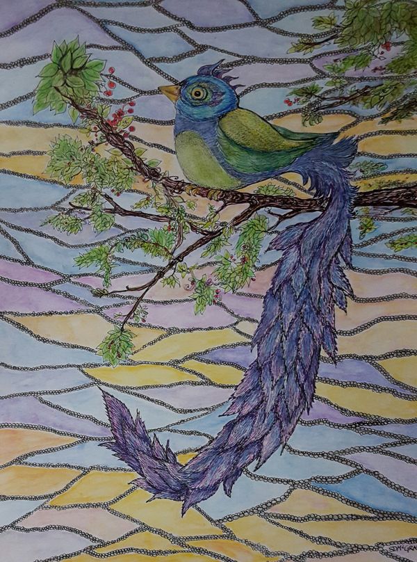 Fantasy bird in a tree, mosaic style background. Ink, watercolor pencils, 
Original. 11x14"