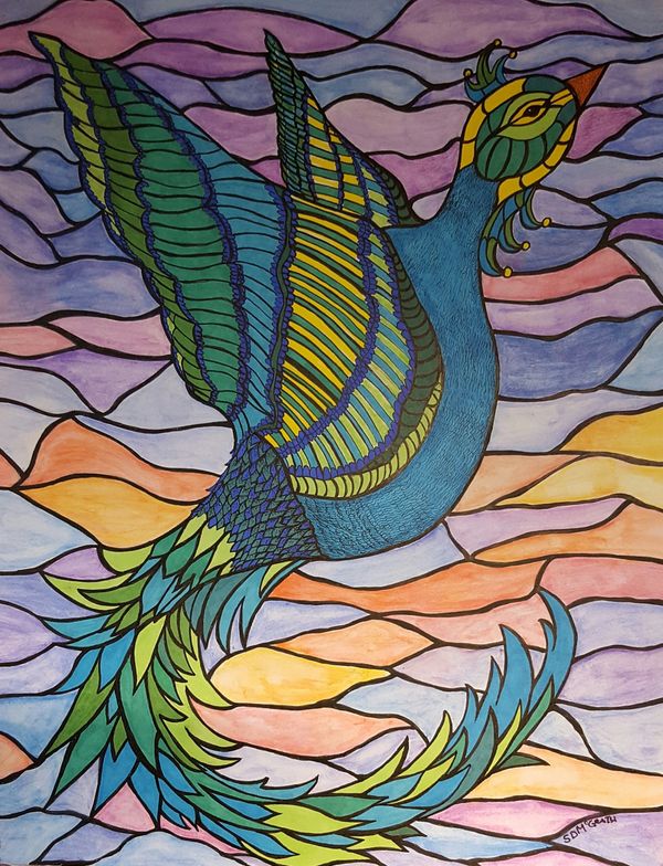 Original drawing, fantasy bird in flight. Mosaic style background. Ink pens, markers. Watercolor