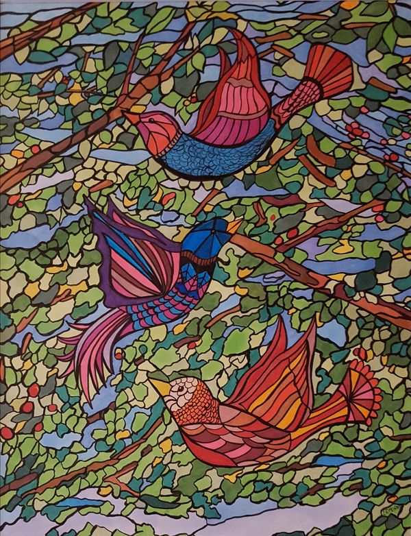 Mosaic style drawing of birds in a tree, Ink pens and markers, paint pens. Original.