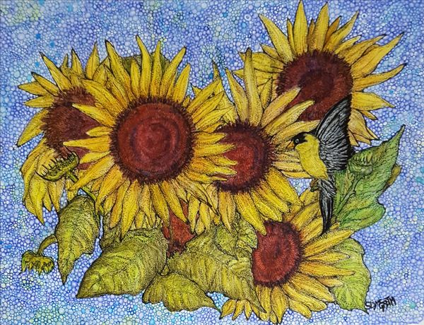 Sunflowers and Goldfinch. Ink and watercolor pencils, detailed.
