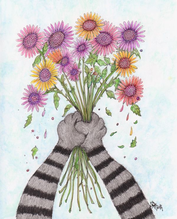 Cat paws holding a bouquet of flowers