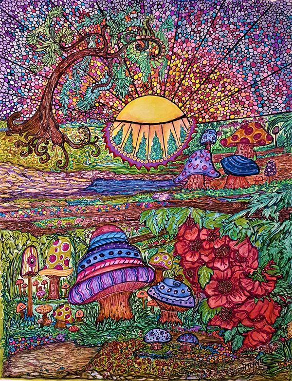 Fantasy landscape, sunset, trees, flowers, mushrooms