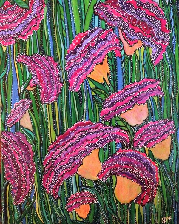 Whimsical abstract flowers in acrylic. 16x20" and framed/black wood. Wired and ready-to-hang.