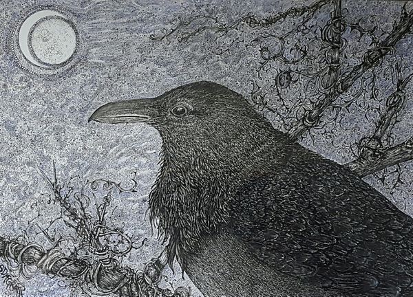 Portrait profile of Raven, detailed in ink. full moon and vines in tree