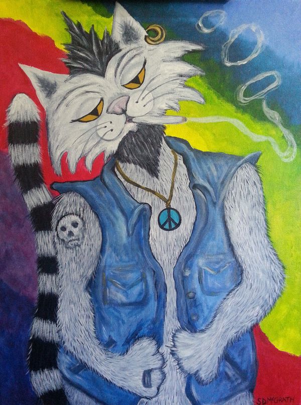 Cartoon smoking cat in a jean jacket, mohawk and jewelry with colorful background