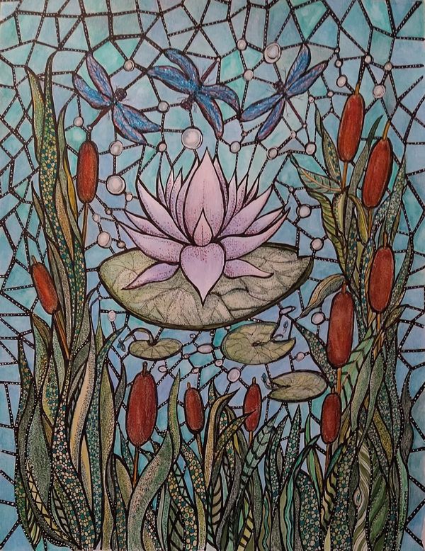 Pond, waterlilies and cattails