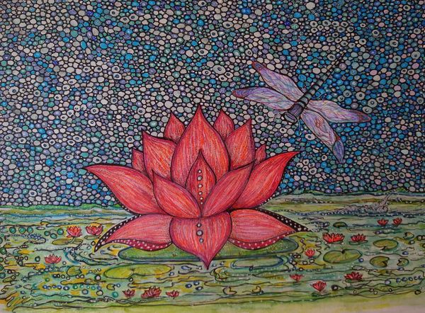 Detailed original drawing. Lotus and dragonfly, lily pond, waterscape. Ink, watercolor pencils. Gel