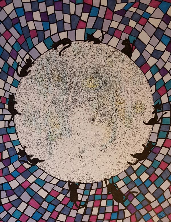 cats around the moon, mosaic style background