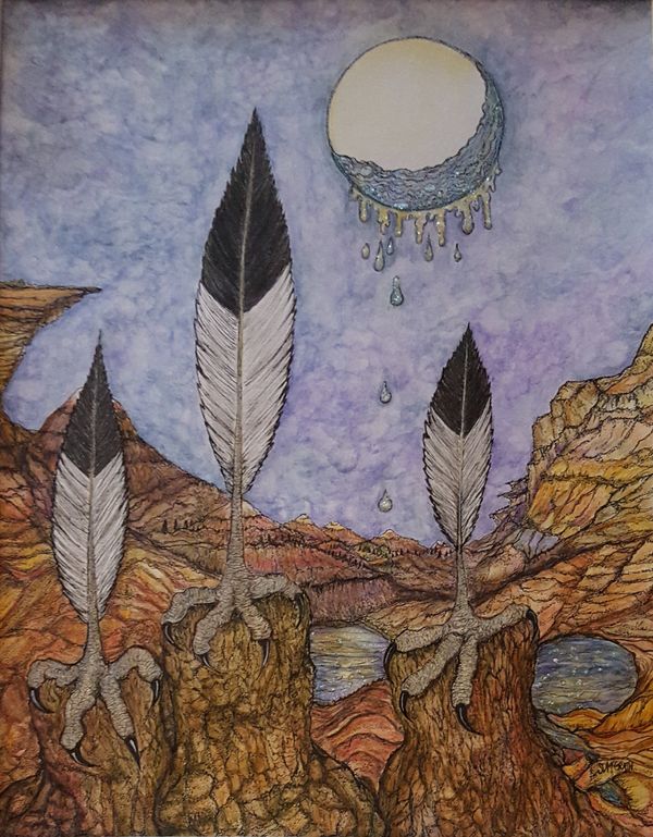 Dali inspired eagle feathers and talons on rocky terrain, full moon dripping into the waters below.