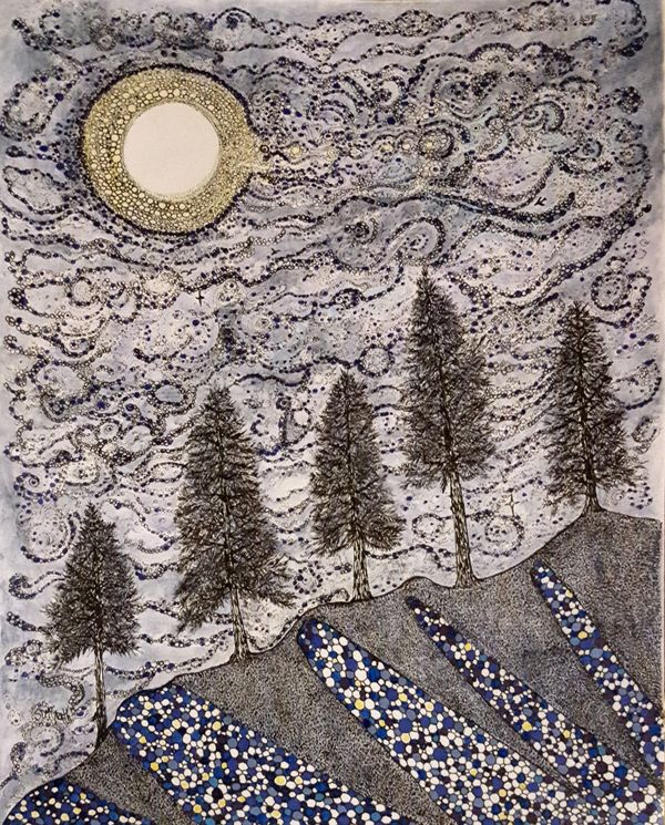 Moon lit sky over a mountain of Pine trees. Detailed illustration