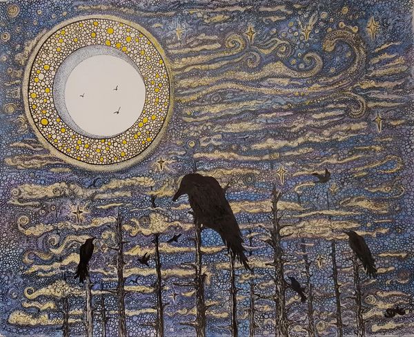 Night sky, ravens in the trees under a full moon