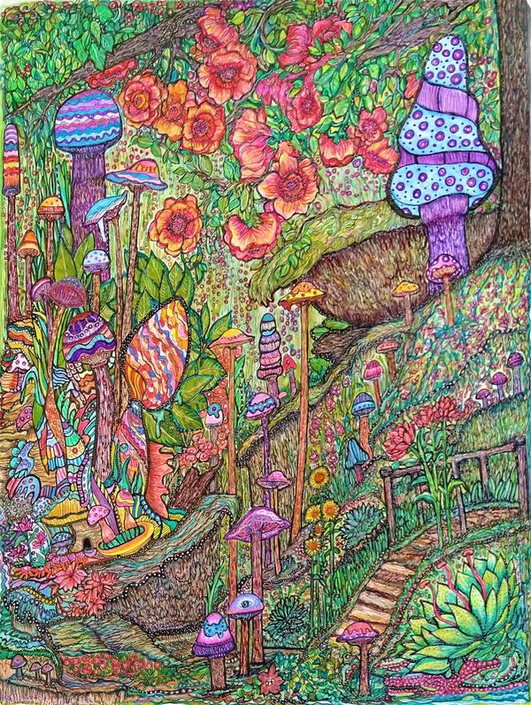 Mushroom, fantasy landscape.
11x14" Bristol Board, float mounted on Shell paper, mounted on matboard