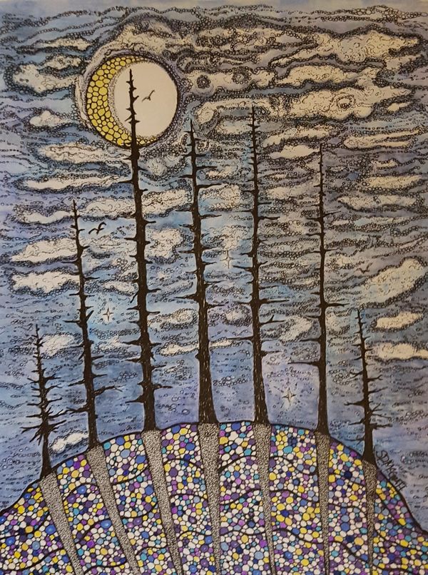 Full moon and detailed night sky, trees on a hill. Ink and watercolor pencils. 9x12"