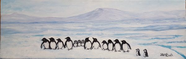 Penguins on the ice foot landscape acrylic painting 16x8"