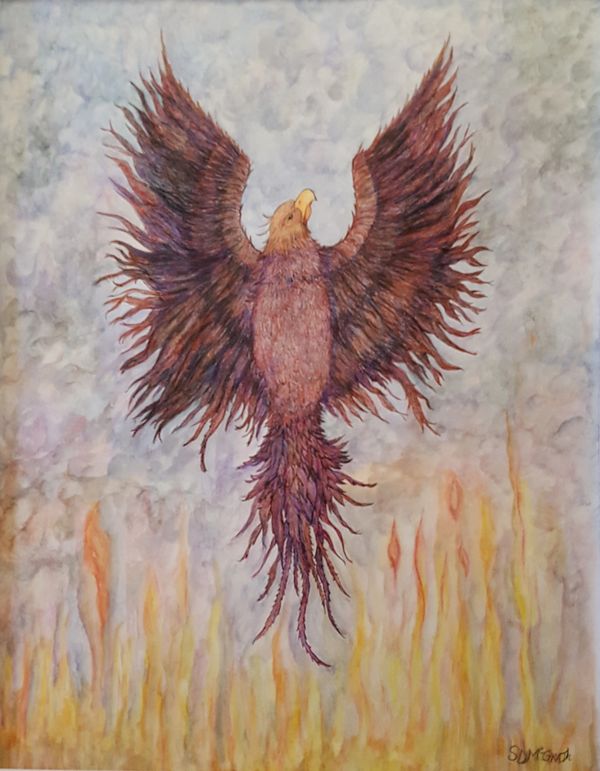 Phoenix rising from the flames, ink and watercolor pencils. 19x22