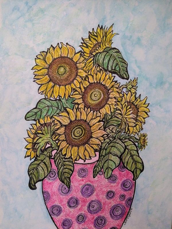 Cut Sunflowers in a magenta/purple vase