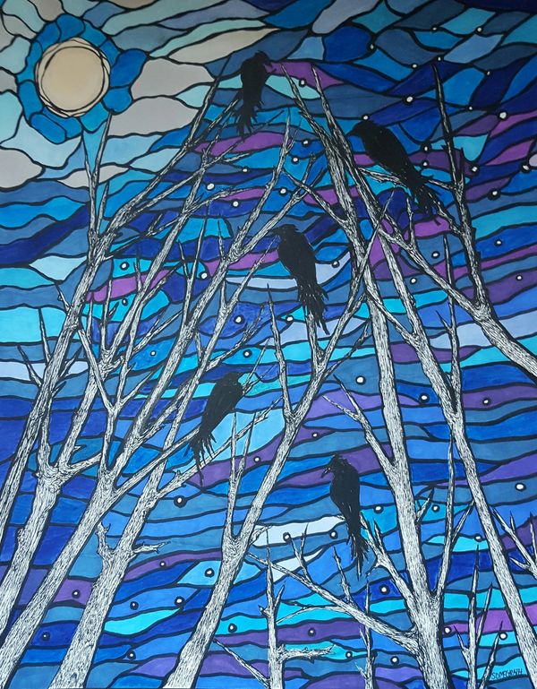 Ravens in a tree, night sky in mosaic style background and full moon