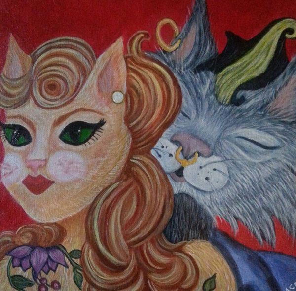 Cartoon cats, dressed up in Rockabilly Style-Vintage. Acrylic painting on canvas 12x12"