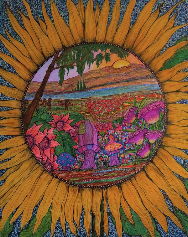 Fantasy  landscape inside a flower.  Flowers, mushrooms, trees, sunset