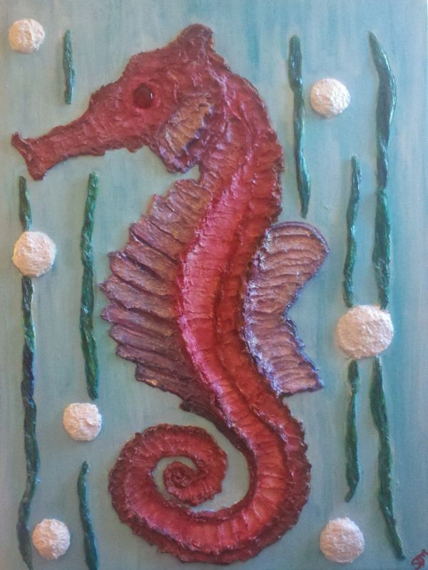 Sea horse mixed media painting 18x24", paper mache', acrylic paint, sparkle paint, glass gem eye