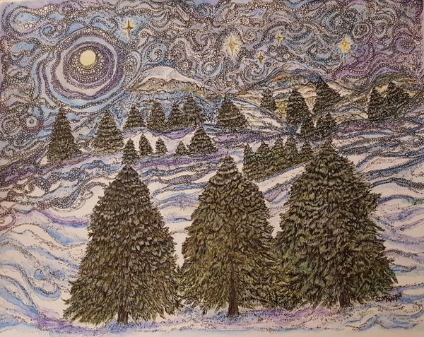 Original drawing, Van Gogh inspired sky and trees surround by snow covered hills