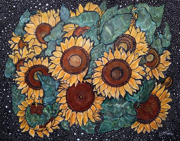 Original Sunflowers drawin in Micron pen and painted in watercolor pencils and watercolor metallics
