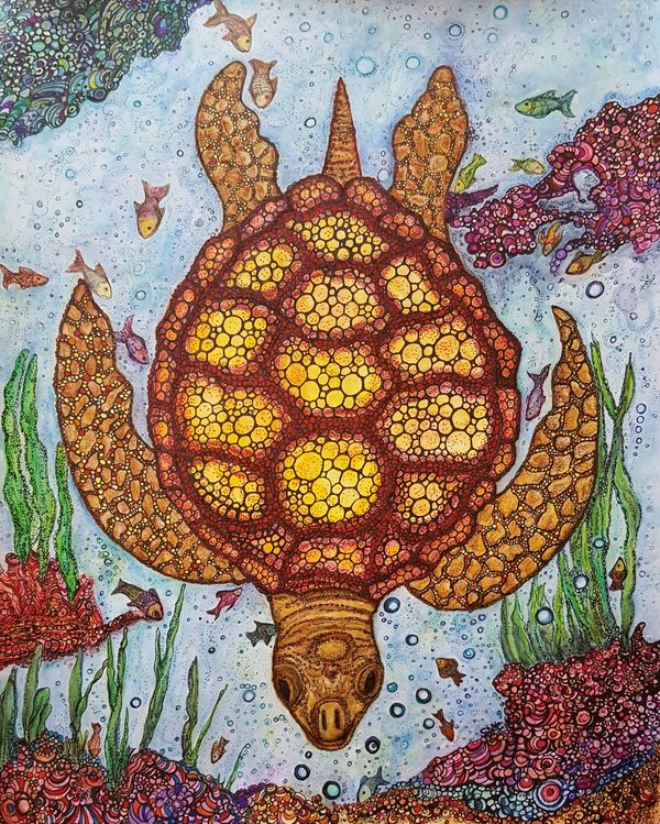 Detailed turle and under the sea background surrounded by little fish and coral.