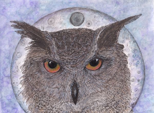 Portrait of a great horned owl. Full moon background. Ink and watercolor pencils. Original.
