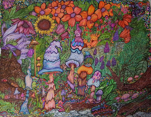 Fantasy Landscape matted and framed.
Mushrooms, trees and flowers.
Created on Bristol Board, variety