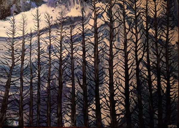 Ghost trees painted over pour. 18x24