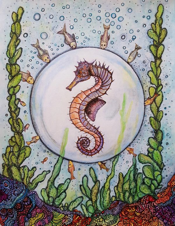 Seahorse in bubble with fish surrounding