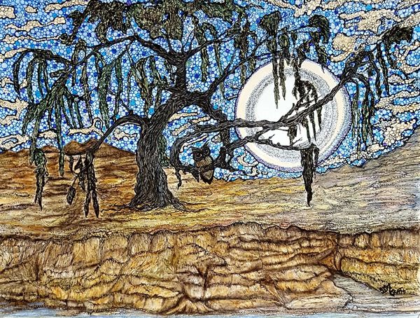 Detailed inkwork, full moon and owl in tree.