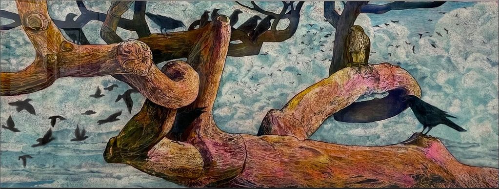 Noisy crows rows rush to circle a Coopers Hawk perched on a coral tree branch in this silk batik.