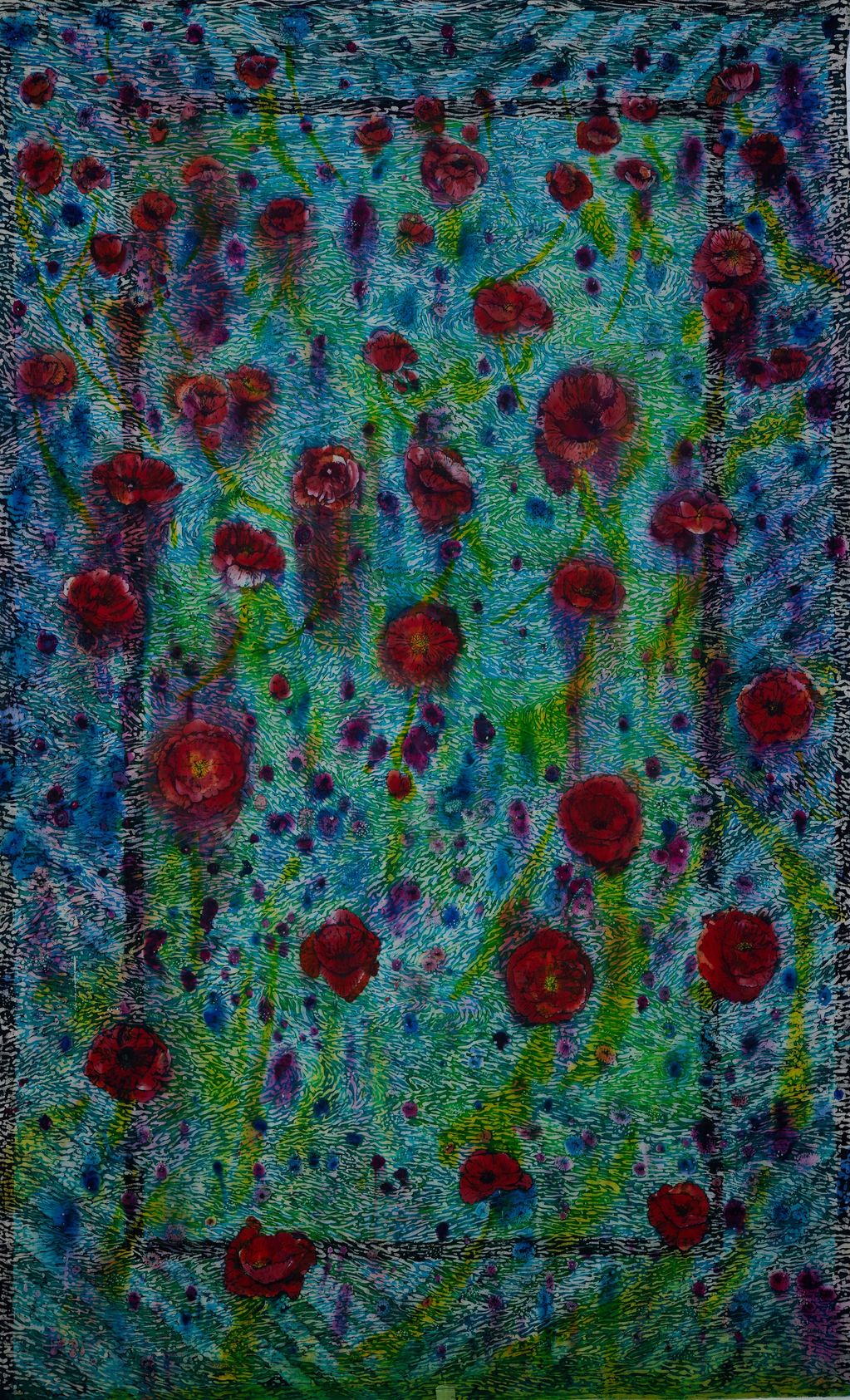 large, long wall sill batik wall hanging, 44" x 70", expressive red poppies floating on impressionis