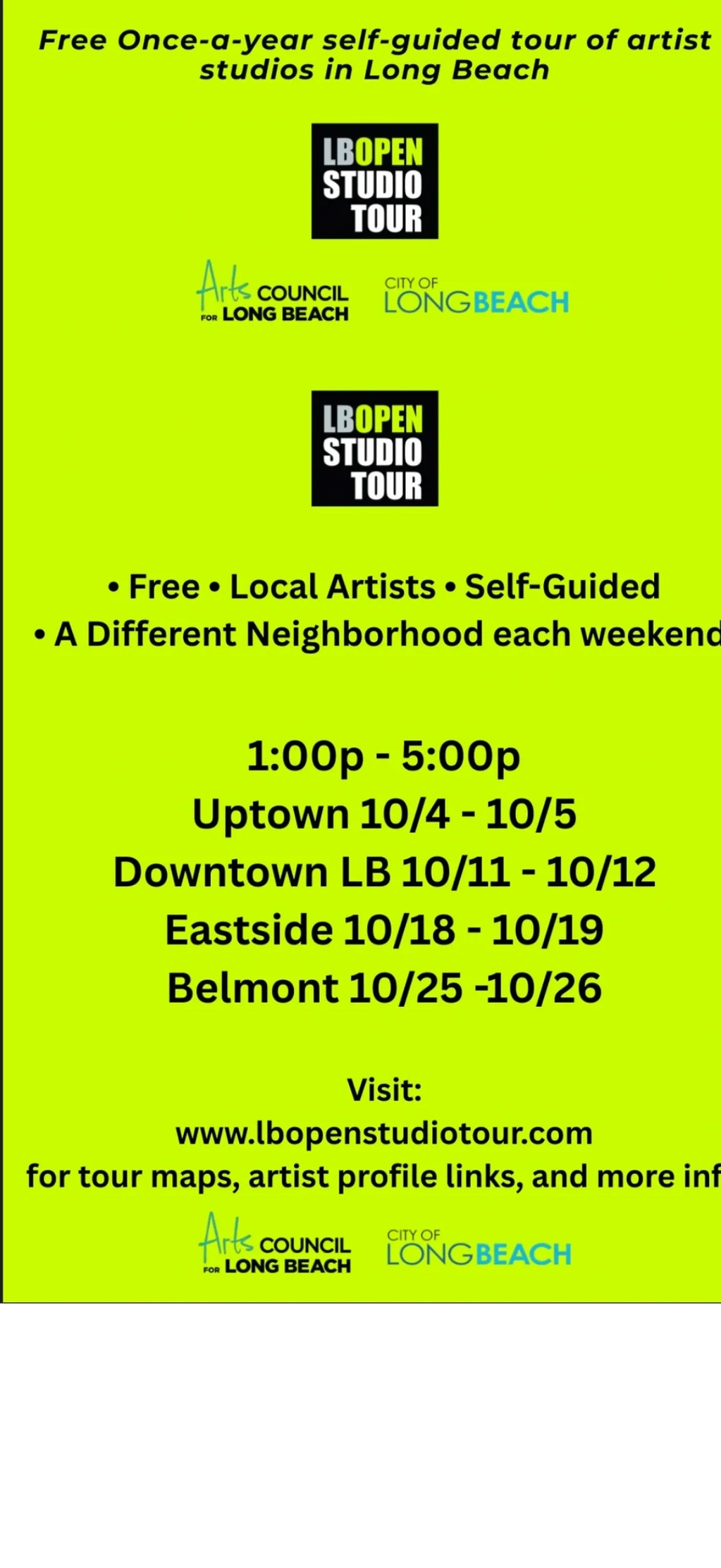 Invitation and information for the 2025 Long Beach Open Studio Tour.