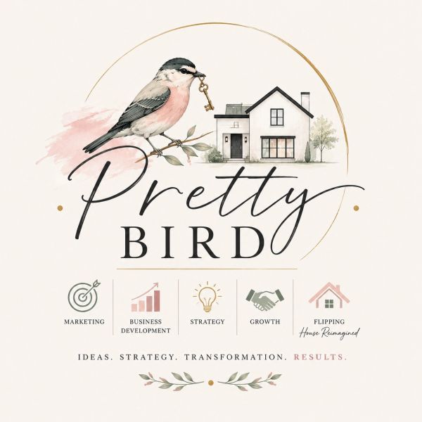 Logo for Pretty Bird with bird and house illustration.