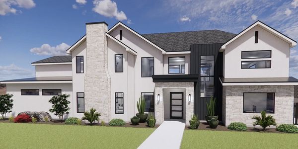 3D Render of front exterior of black and white home.