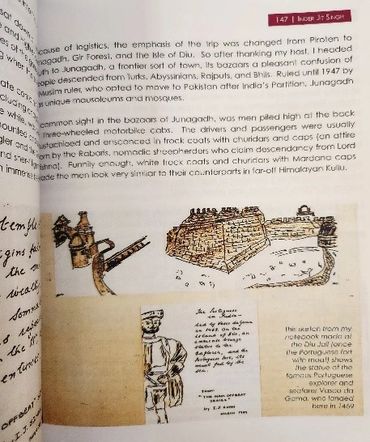 IJ Singh’s sketch of the fort and statue of Vasco Da Gama in Diu