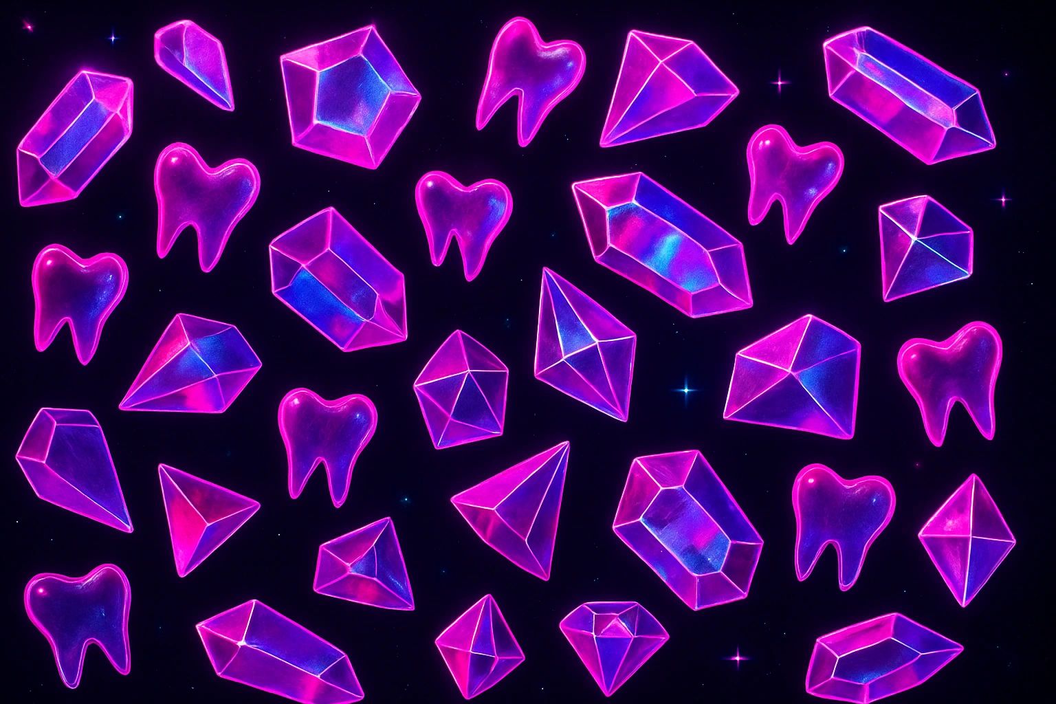 Glowing purple crystals and teeth on a dark background.