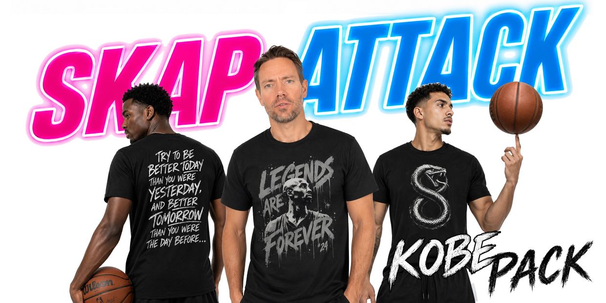 Three men wearing Kobe Bryant-themed black t-shirts with motivational quotes and graphics.