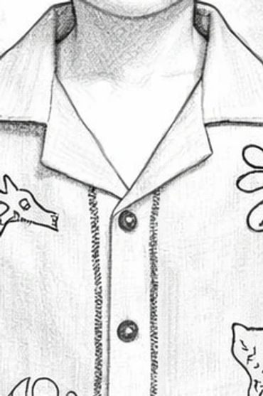 Sketch of a faceless child walking in patterned shorts and shirt.