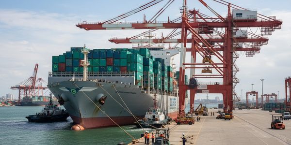 A large cargo ship docked at a busy port with cranes and workers unloading containers.