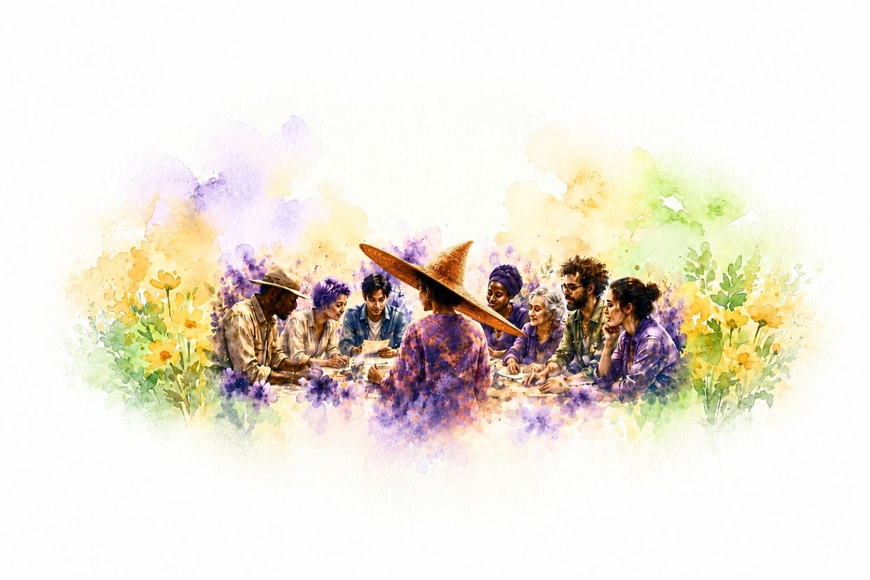 Groupe diversifié discutant autour d'une table avec fond floral coloré.