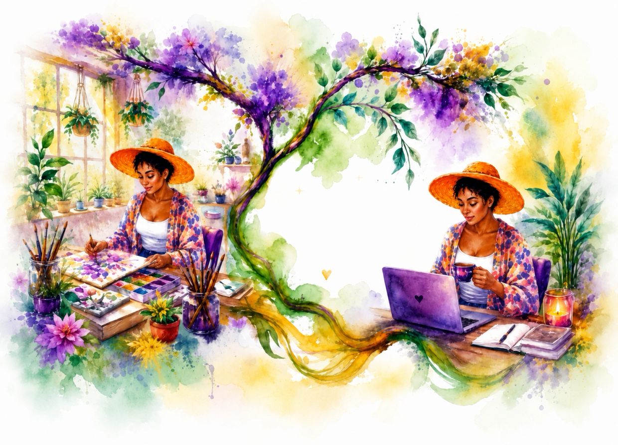 Jeune femme peignant et travaillant sur un ordinateur, entourée de fleurs colorées.