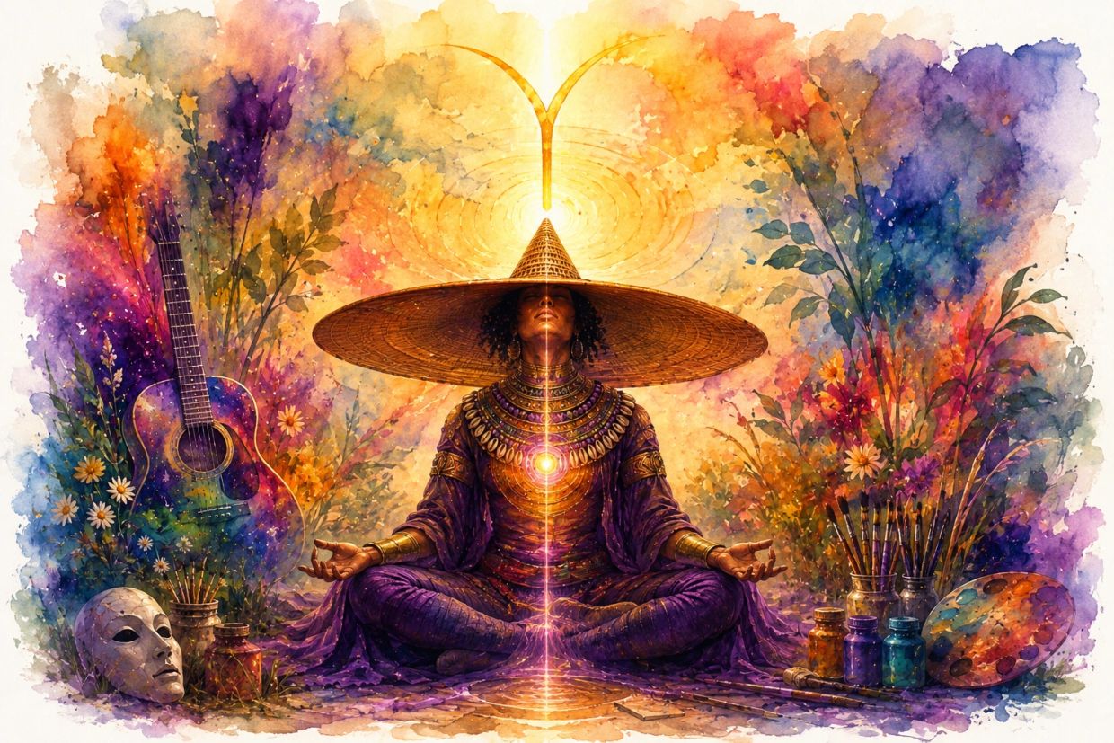 Personne méditant avec un chapeau large et des couleurs vibrantes.